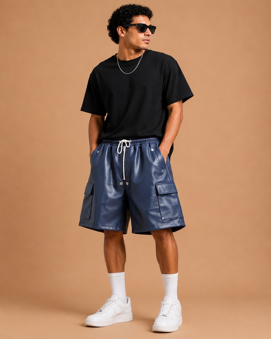 Blue Leather Shorts