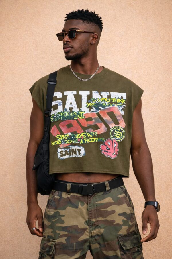 Army Green Cream Sleeveless Saint Shirt