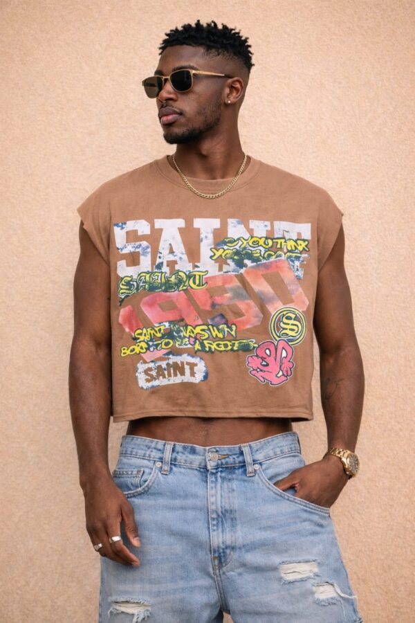 Brown Cropped Sleeveless Saint Shirt