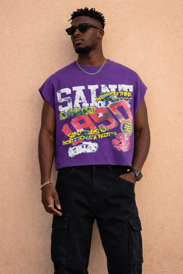 Purple Cropped Sleeveless Saint Shirt