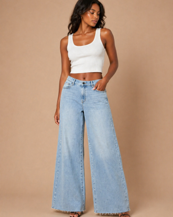 Washed Blue Wide Leg Female Jeans